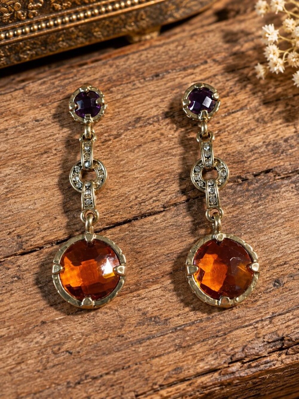 Gold Tone Drop Earrings Orange Elegant Luxury Costume Vintage Bling Jewelry